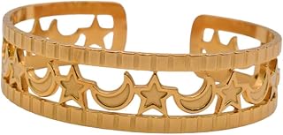 Stainless Steel Wide Cuff Bracelet With Crescent & Star Designn For Girls - Gold