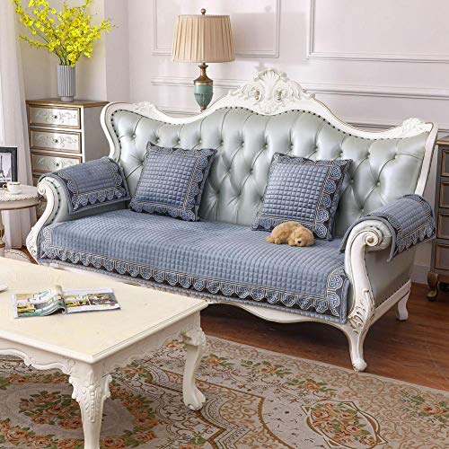 Zpee Vintage Short Plush Sofa Slipcover Quilted For Sectional Couch, Multi-Size Grid Non-Slip Sofa Covers Dust Proof Sofa Shield New Chinese Pattern-Blue 70X210Cm #TOP4