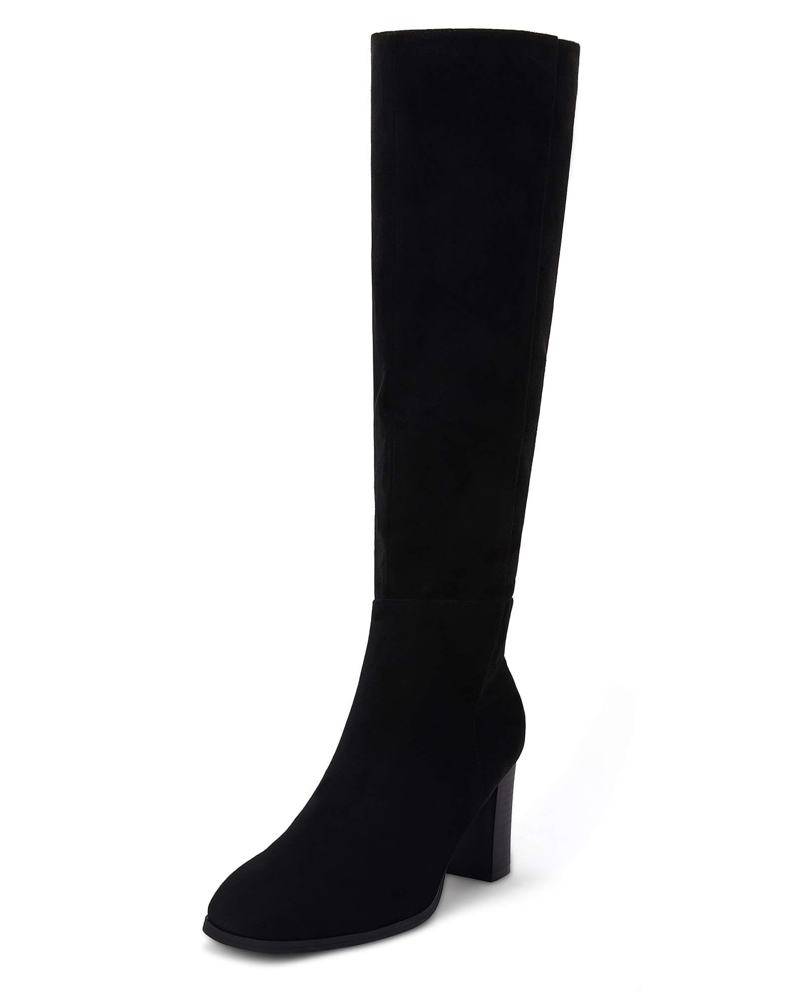 Coutgo Womens Knee High Boots Chunky Block Heels Square Toe Side Zipper Faux Suede Fall Winter Comfort Boot