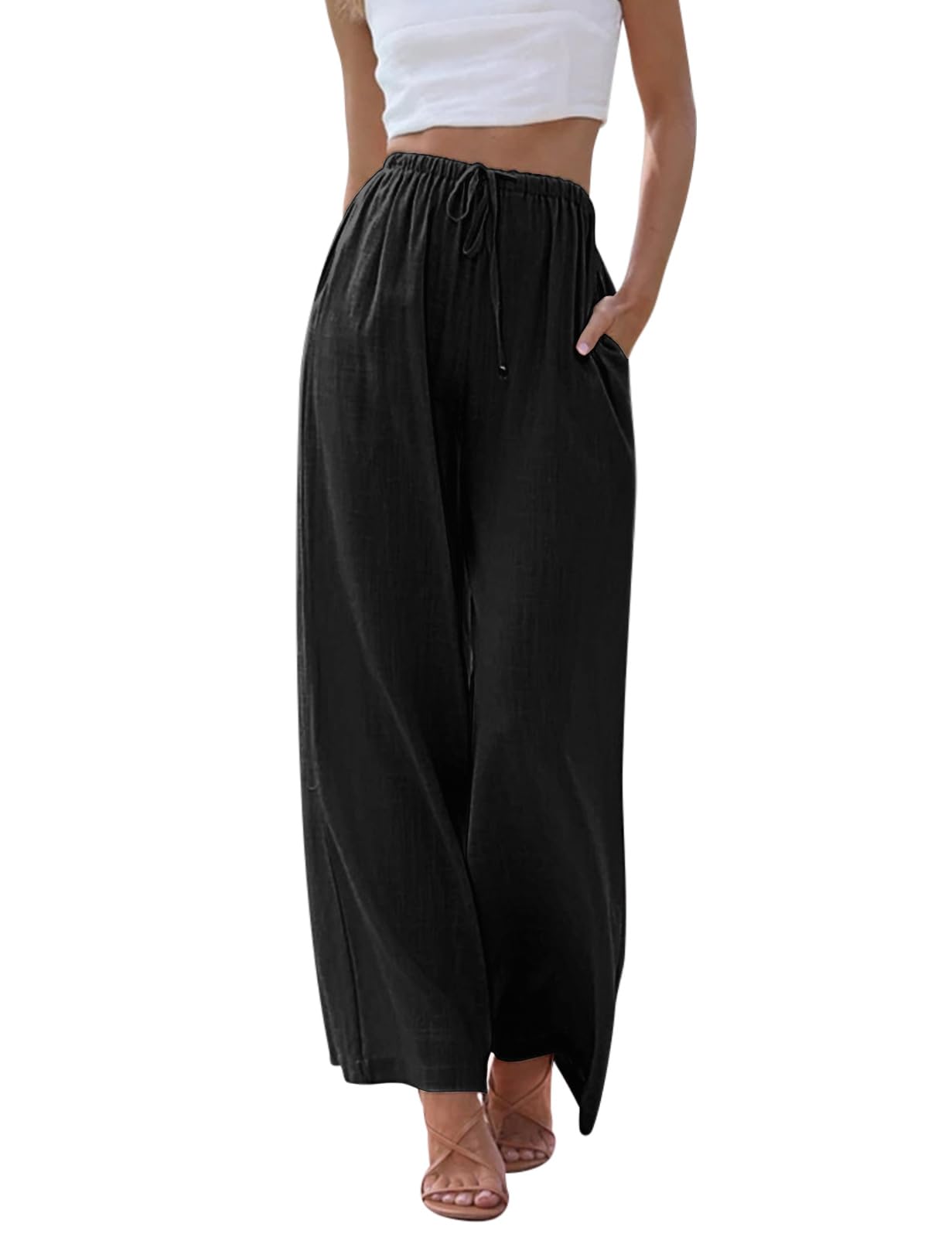 CMTOP Femme Pantalon Fluide Été Lin Pantalons Taille Haute Elastique Pantalons Jambe Large Ample Pantacourt Plissé Décontracté Léger Longueur Pants de Plage avec Poches