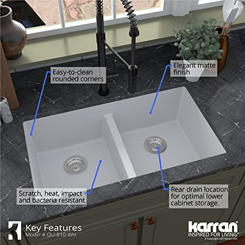 Karran Qu-810 32" Undermount Double Equal Bowl Quartz Kitchen Sink In White #TOP3