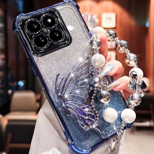 Coque papillon iPhone 14 Plus bleu paillettes idéale pour selfies et appels vidéo