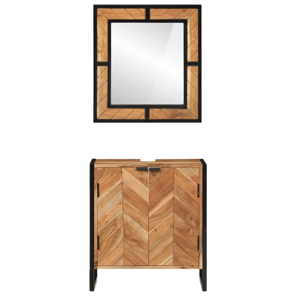 Set da bagno in ferro e legno massello di acacia, mobiletto sottolavabo con specchio, mobile da bagno con vano portaoggetti, salvaspazio per WC e lavanderia, 2 pezzi