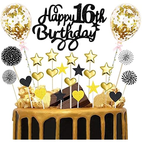 Happy Birthday Cake Topper 16th, 25pcs Black Gold Glitter Happy 16th Birthday Cake Topper with Star Heart Paper Fan Balloon, Birthday Cupcake Topper for Boys Sixteen Anniversary Birthday Party Decor Cover