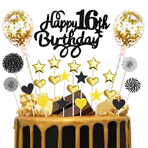 Tortendeko 16 Geburtstag Schwarz Gold Happy 16th Birthday Cake Topper Glitzer Kuchendeckel Geburtstag mit Herz Stern Luftballons Cupcake Topper 16. Geburtstag Party Deko für Junge Mädchen 16 Jahre Cover