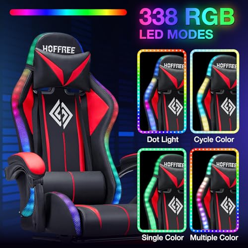 Image of HOFFREE Gaming Chair Massage with LED RGB Lights and Footrest Ergonomic Computer Chair High Back Video Game Chair with Adjustable Lumbar Support Linkage Armrest Red and Black