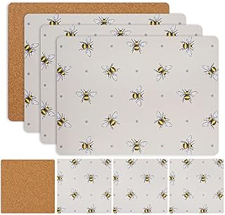 Placemats Coasters Set 8 Heat Resistant Waterproof Non-Slip Cork Table Mats Dining Kitchen Indoor Outdoor Easy to Clean Wipeable Place Mats 21.5 x 29cm Coasters 10x10cm (Bumble Bees)