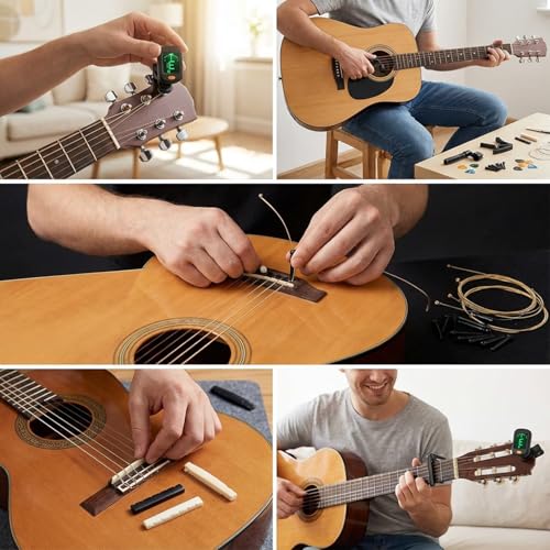 Image of IMAGINEA Acoustic Guitar Accessories Tool Kit Including 3 Guitar Strings, Tuner, Capo, 3 in1 Resetting Winder Tool, Bridge Pins, Guitar Nuts Saddle (Black and White) & 5 Picks