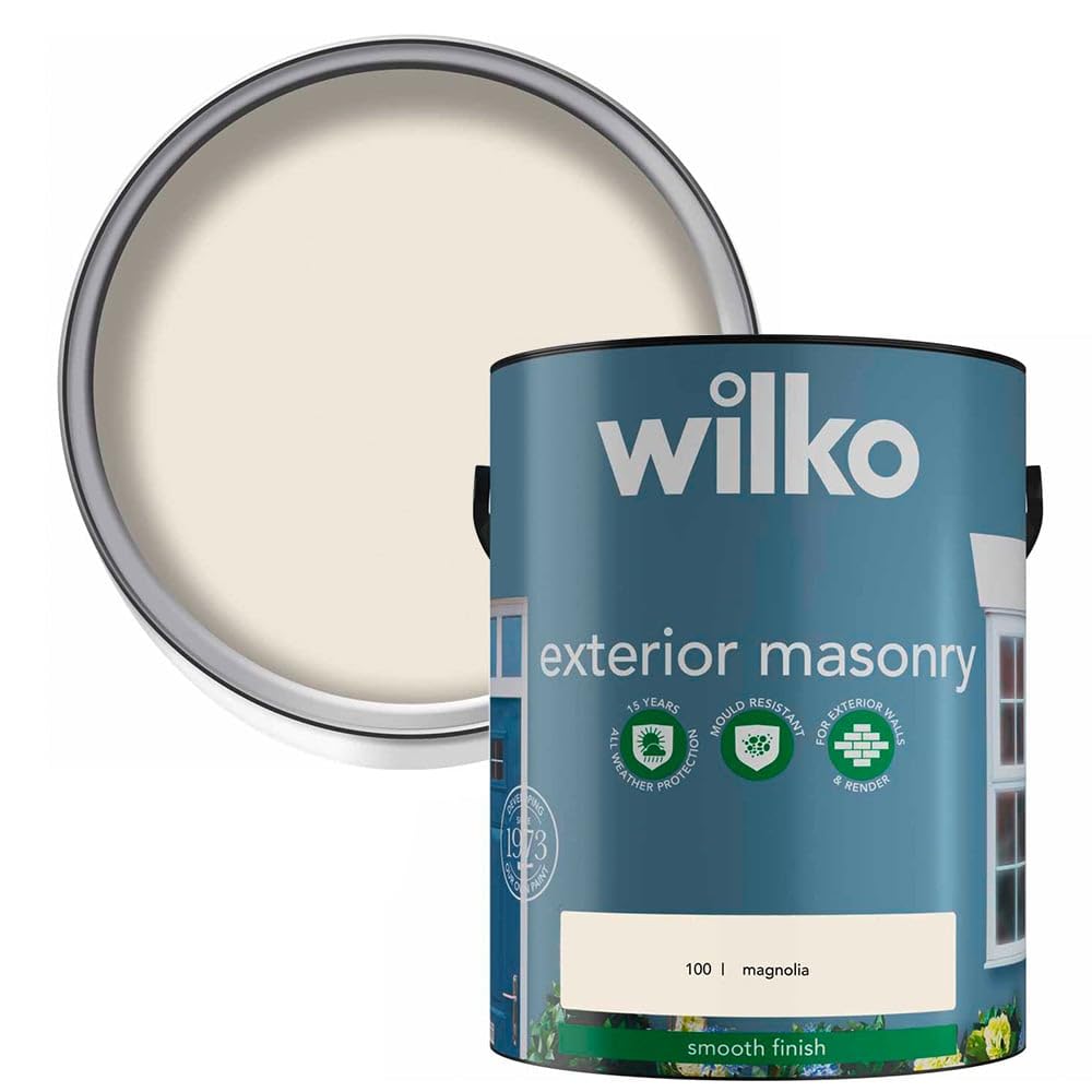 wilko 5L Masonry Paint, Magnolia, Smooth Finish, Weather Protection, Mould Resistant, UV Resistant, 50 Square Metres Coverage, For Exterior Walls