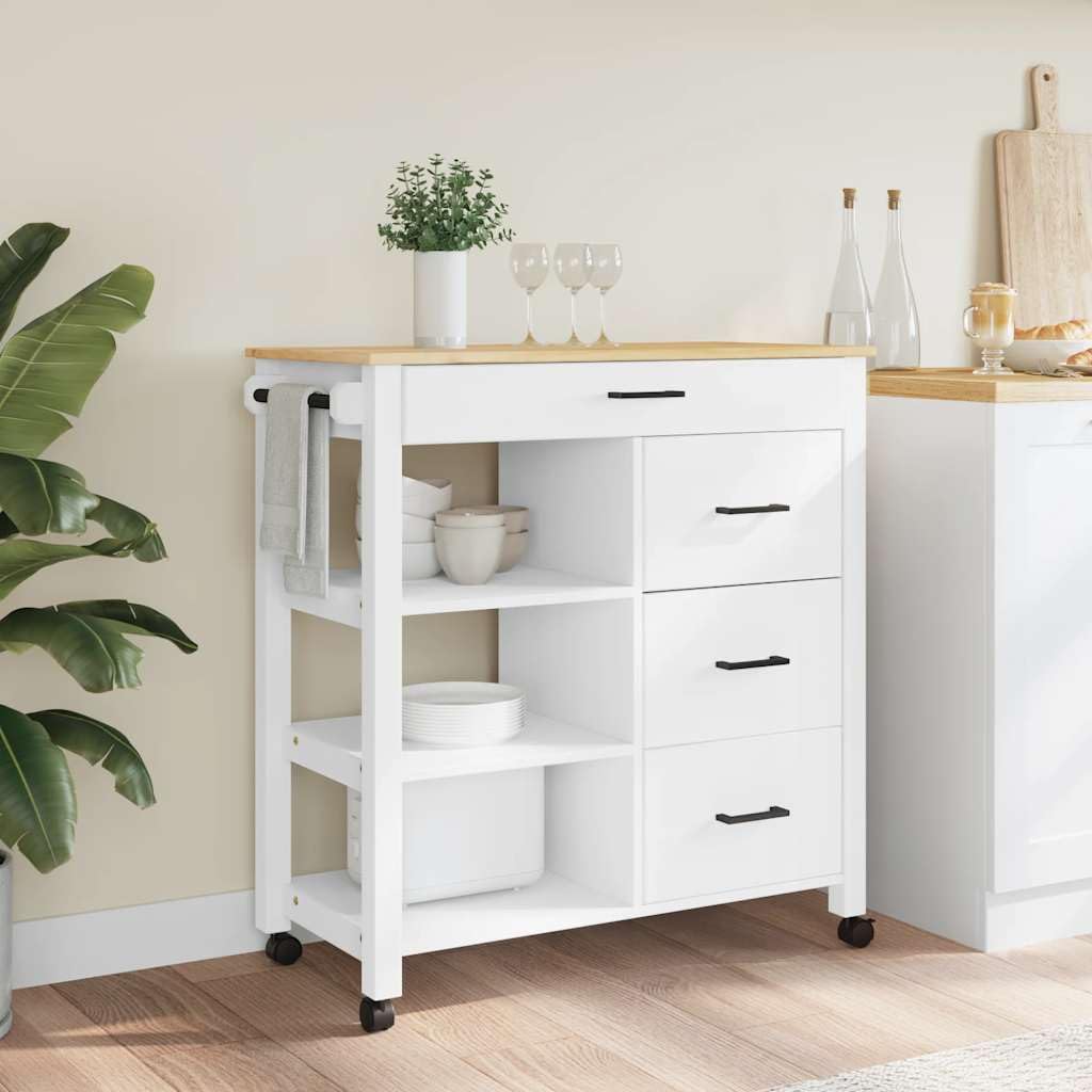 Générique Wózek kuchenny z litego drewna sosnowego 84x40x88,5 cm | 4 szuflady i 3 otwarte półki, 4 koła, w tym 2 zamykane, wieszak i haczyki boczne, do kuchni, salonu biura