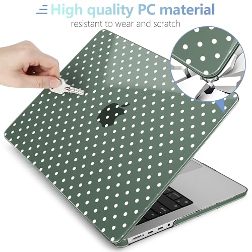 Image of MEEgoodo Case for MacBook Pro 14 inch (M5 /M4 /M3 /M2 /M1) Pro /Max 2026 2025 2024 2023 2021, Case Fit Model A3427 /A3426 /A3434 /A3112 /A3401 /A3185 /A2918 /A2992 /A2779 /A2442, White Polka Dots & Midnight Green