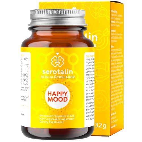 serotalin HAPPY MOOD KAPSELN - Johanniskraut, Griffonia & L-Tryptophan | Stimmungsaufheller Tabletten mit Vitamin D, B1,B2, Niacin, Mangan - OHNE Koffein | 100% vegan, 60 Kapseln für 2 Monate