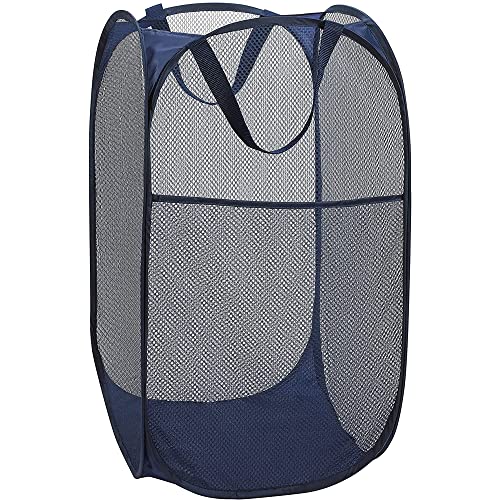 Image of BATTOO Deluxe Strong Mesh Pop up Laundry Hamper Basket with Side Pocket for Laundry Room, Bathroom, Kids Room, College Dorm or Travel Navy Blue