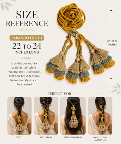 Image of Zippy Flora Handmade Boho Juhi Parandi (Mustard) | Traditional Indian Hair Accessory | Elegant Braided Paranda with Tassels | Ethnic Choti Hair Extension for Women & Girls