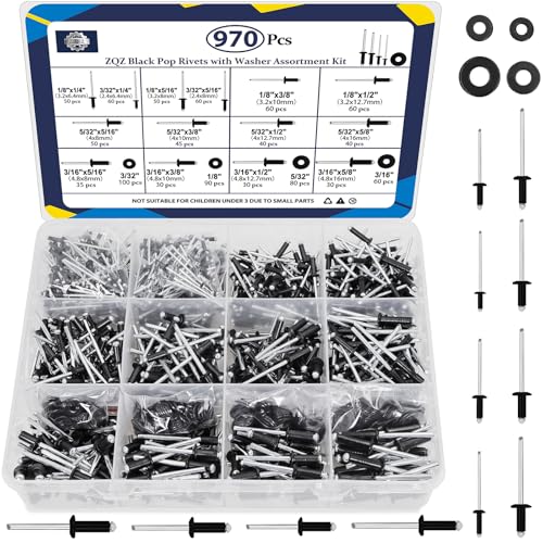ZQZ 970Pcs Black Pop Rivets with Washer Assortment Kit, 14 Sizes Black Rivets with 3/32