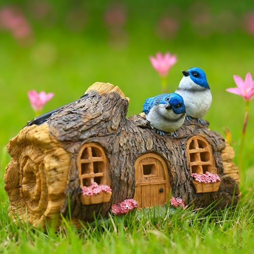 atibi Fairy Garden Ornament Outdoor,Solar Powered LED Fairy House for Garden Waterproof Resin Dwelling Ornament Night Light for Home Yard Decoration (Bird house)
