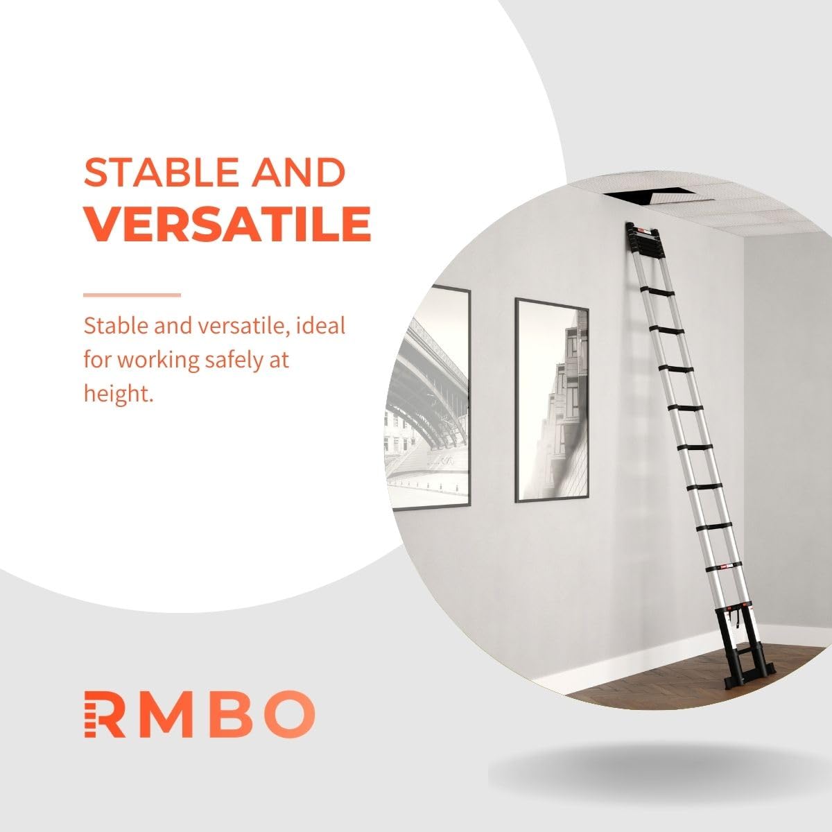 RMBO Échelle Télescopique de 4.70m, EN 131.6, Système de Fermeture en Douceur, 150kg, Barre de Stabilisation de 70cm, Indicateurs de Sécurité par Marche, Pour Usage Particulier et Professionnel
