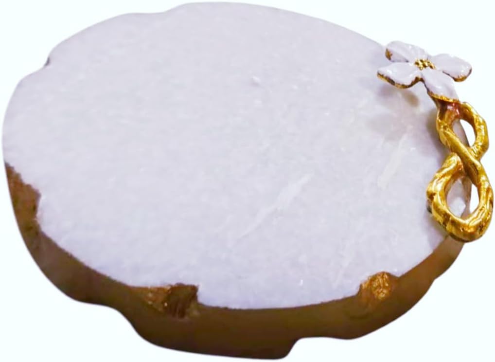Handcrafted Brass Flower Marble Coaster - Luxury Marble Coaster for Candles - Thick and Large Marble Trivet 5 inch Dia