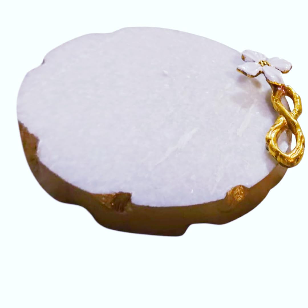 Photo 1 of Handcrafted Brass Flower Marble Coaster - Luxury Marble Coaster for Candles - Thick and Large Marble Trivet 5 inch Dia