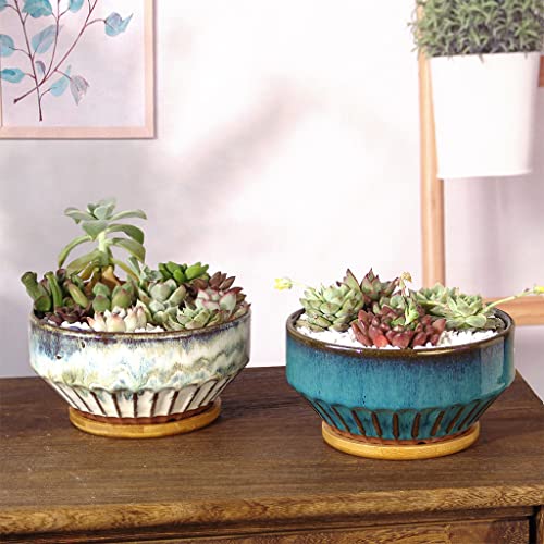 Summer Impressions Succulent Pot 6 Inch Hand Glazed Plant Pot Round Ceramic Succulent Planter With Drainage And Saucer Cactus Clay Pot Set Of 2 (White And Blue) #TOP3