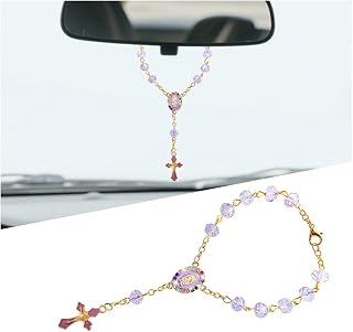 Car Rosary for Rearview Mirror, Medal Cross Blessing Religions Vehicle Rear View Mirror Hanging Bead Pendant, Catholic Auto Rearview Decor Accessories, Universal for Truck RV Van (Purple)
