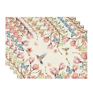 Artoid Mode Flowers Bird Butterfly Spring Placemats Set of 4, 12×18 Inch Seasonal Summer Table Mats for Party Kitchen Dining Decoration
