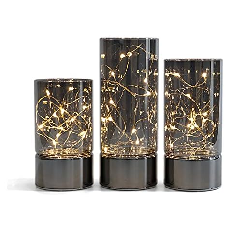 Rhytsing Set of 3 Glass Cylinder Lanterns with Fairy Lights, Decorative Table Lamp Battery Flameless Candle with Timer Function Cover