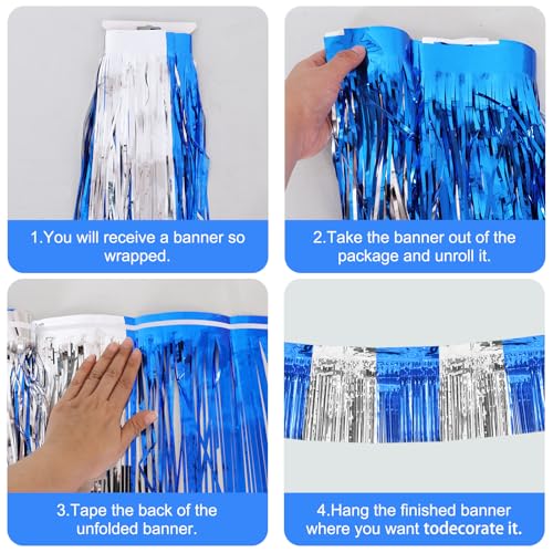 Image of BEISHIDA 3 Packs Metallic Foil Fringe Garland Blue Silver Wall Hanging Tinsel Fringe Banners for Car Floats Bridal Shower Wedding Birthday Graduation Holiday Party Decoration(30 Feet)