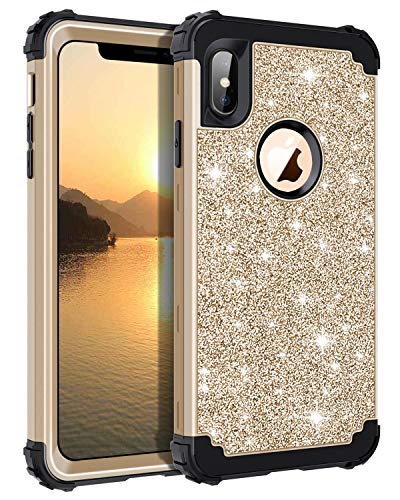 LONTECT Compatible iPhone Xs Max Case Glitter Sparkle Bling Heavy Duty Hybrid High Impact Shockproof Protective Cover Case for Apple iPhone Xs Max 2018 6.5 Display, Black/Shiny Gold