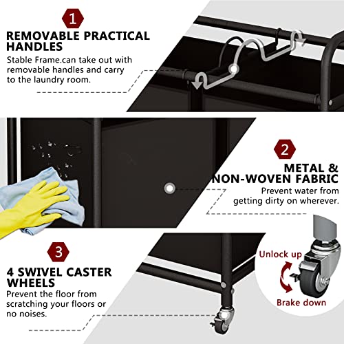 Suoernuo Laundry Sorter 3 Bag Laundry Hamper Cart With Clothes Hanging Bar Rolling Lockable Wheels And Removable Bags For Laundry Room Bathroom Bedroom Clothes Storage, Black #TOP5