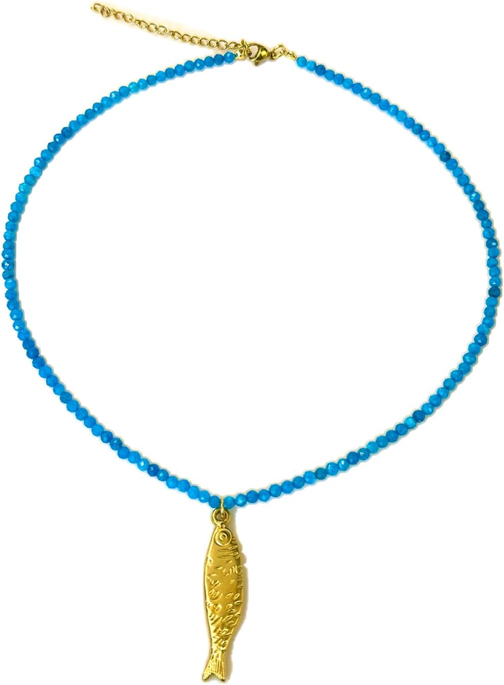 Boho Fish Pendant Necklace for Women Adjustable Crystal Sardine Necklace Natural Stone Bead Charm Necklaces Dainty Beaded Fish Memorial Necklaces Summer Beach Costume Jewelry Accessories - Image 9