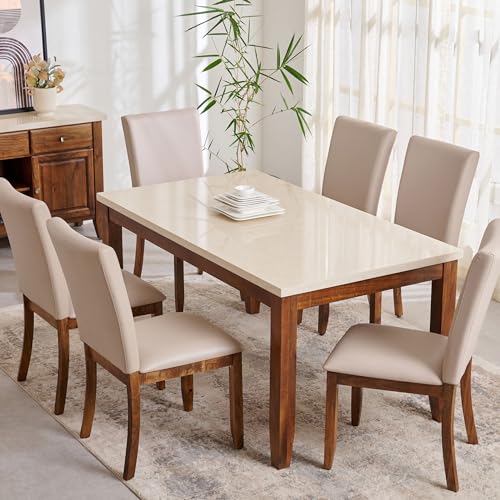 Image of Home Centre | Giza Composite Marble Top 6-Seater Dining Table | Dining Set for Home | Beige | 1 Year Warranty
