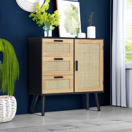Miniatura 6 de Iwell Armario de almacenamiento con puerta de ratán y 3 cajones, gabinete de ratán con estante ajustable, aparadores buffet con almacenamiento,