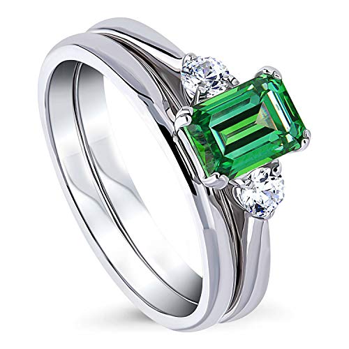 BERRICLE Rhodium Plated Sterling Silver 3-Stone Anniversary Engagement Wedding Ring Set Made with Swarovski Zirconia Green Emerald Cut 1.2 CTW Size 5