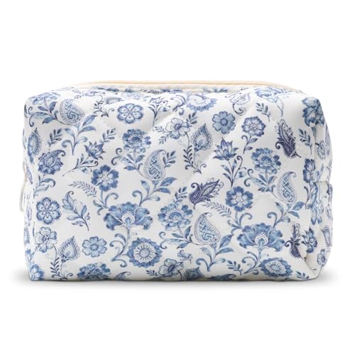 BACDOILQ Quilted Makeup Bag, Vintage Floral Cotton Cosmetic Bag, Blue Flowers Coquette Makeup Pouch for Women Girls, Aesthetic Organizer Bags Travel Toiletry Bags