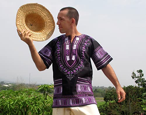 RaanPahMuang Brand Unisex Bright African Black Dashiki Cotton Shirt, Medium, Violet/Black - Thumbnail 3