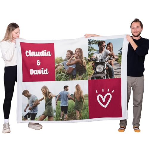 Manta Personalizada Collage Corazón Dibujado con 4 Fotos y Textos a Color Morado 170x130cm en Tela Polar, Coralina o Sherpa Borreguillo para Sofá o Cama de Abrigo en Invierno (Sherpa Borreguillo)
