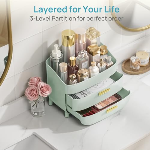 Image of Vtopmart 3-Tier Skincare Makeup Organizer with Drawers, Green | For Vanity and Bathroom Countertop, with Drawers, Large Cosmetic Storage Box Case, , Non-Slip Base