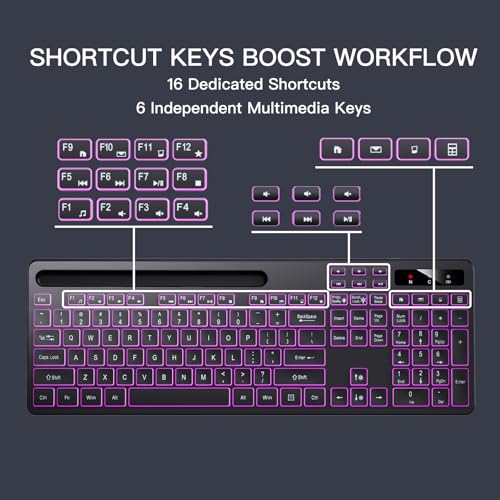 Image of Soueto Wireless Keyboard with 7-Color RGB Backlit, Full-Size Computer Keyboard with Phone Tablet Holder, 2.4G Rechargeable Gaming Keyboard with Light Up Keys, Compatible with Mac, Windows (Black)