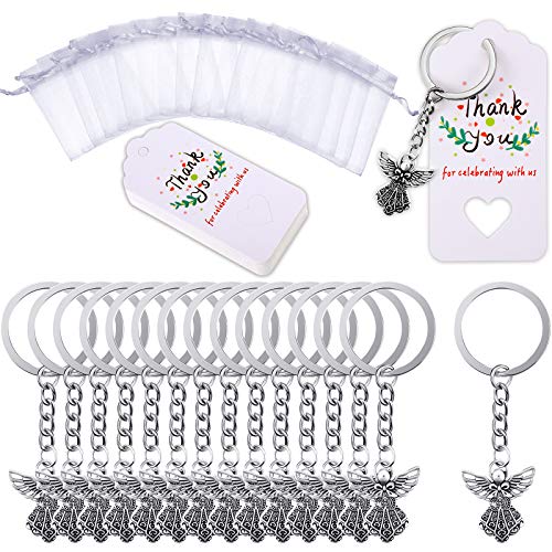 Hicarer 30 Set Angel Keychain Gift Bulk Thank You Gift Baptism Pendant Keychain Favor Key Ring with Thank You Tag Organza Bag for Baby Shower Baptism Party