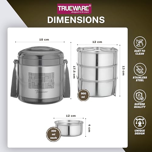 Image of Trueware Legend 3 Stainless Steel PU Insulated Hot and Cold Lunch Box with 3 SS Container 300 ML Each