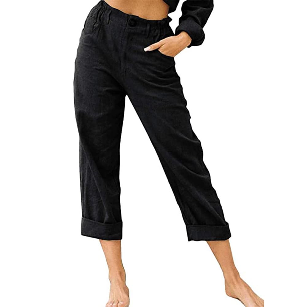 MARSVOVO Womens Cotton Linen Casual Wide Leg Cropped Pants Elastic High Waisted Comfy Fitted Summer Beach Pant with