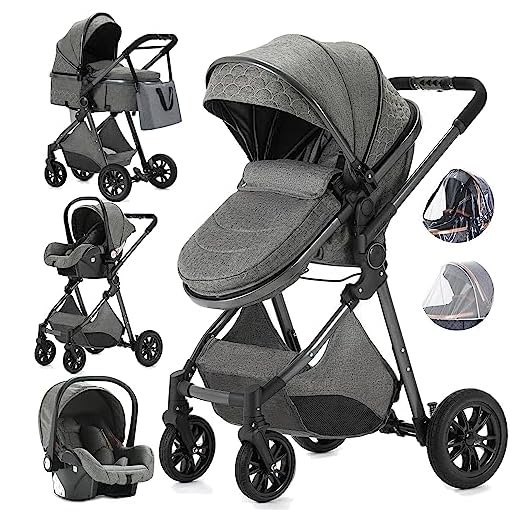 Gcarebb Carrito Bebe 3 en 1, Cochecito Bebe 3 Piezas Con Asiento De Auto, Cochecitos Portátil Plegable Con Un Clic, Carricoche Combinado Paisaje Alto Marco de Aluminio Para Recién Nacido