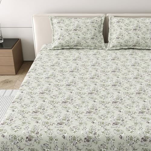 Image of Mafatlal 186 Tc Corsica Cotton Bedsheet for King Size Bed | 108 X 108 Inches | Summer Lightweight Chador for Breathable Sleep | Bedding Set with 2 Pillow Covers | Pastel Green