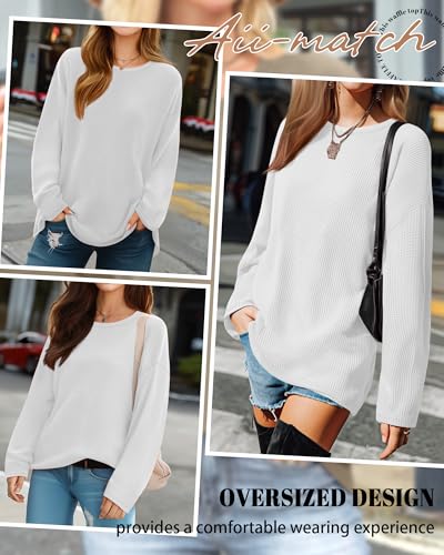 Velvelhall Womens Long Sleeve Sweatshirts Oversized Waffle Knit Tunic Tops Casual Crewneck Long Shirts(White,Medium)