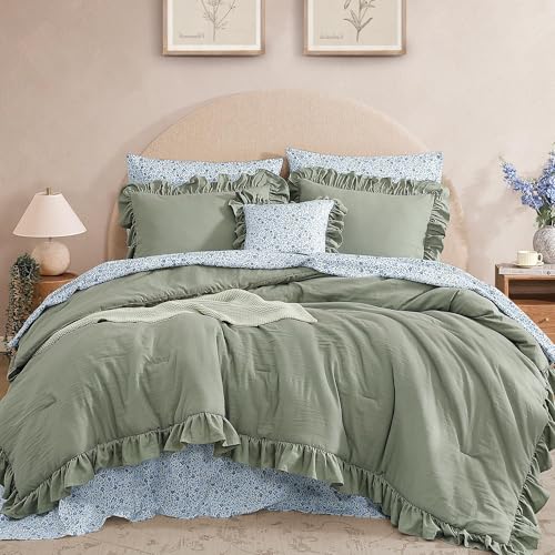 BLOOMHAVEN Queen Comforter Set - 7 Pieces Ruffle Sage Green Bedding Sets, Shabby Chic Farmhouse Bed in a Bag Queen with Ruffle Comforter, Floral Sheets, Pillowcases & Shams