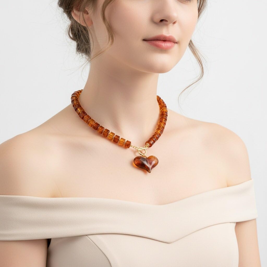 Brown Resin Puff Heart Pendant Necklace for Women Exaggerated Amber Acrylic Beaded Chunky Heart OT Buckle Choker Necklace Fashion Jewelry Accessories for Women - Image 3