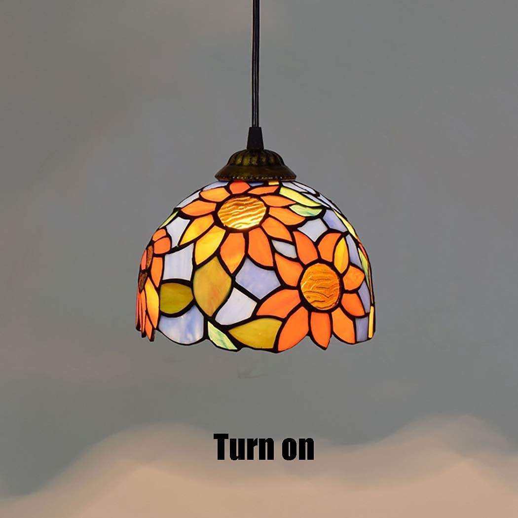 METTEOR Tiffany Style Pendant Lamp Simple Sun Flower European Orange Handmade Glass Chandelier Antique Iron Sucker For Living Room Bedroom,E27,20Cm