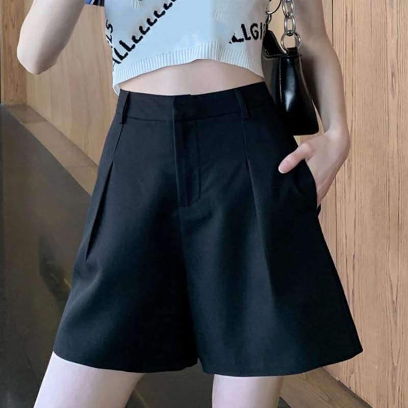 Pantalones cortos de estilo coreano para mujer, cintura alta, pantalones cortos casuales de verano, Black1, S