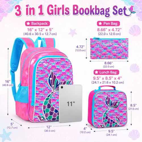 Image of 3Pcs Mermaid Girls Backpack, 16 inch Sequin Fish Tail Bookbag Set for Kids, Elementary Preschool Preschool School Backpacks with Lunch Box (Rose)